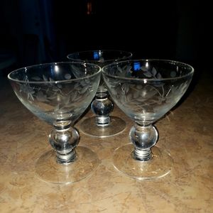 Set of 3 Victorian Etched Crystal Glass Glasses, Wine Desert liquor Water